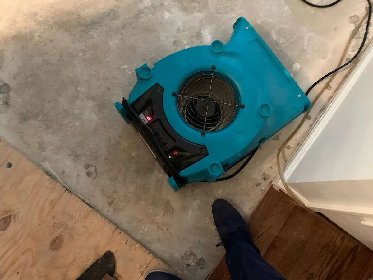 Air mover drying subfloor during Commercial Water Damage Restoration in Horn Lake